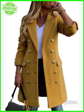 Women's Wool Blend Pea Coat Double Breasted Trench Coat Notched Lapel